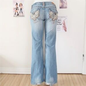 Miss Me Low Rise Flare Jeans with Cream Lace Pocket Insets – Size 30